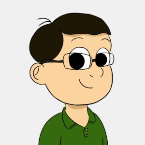 一个年轻人的卡通形象，戴着眼镜，穿着绿色衬衫。